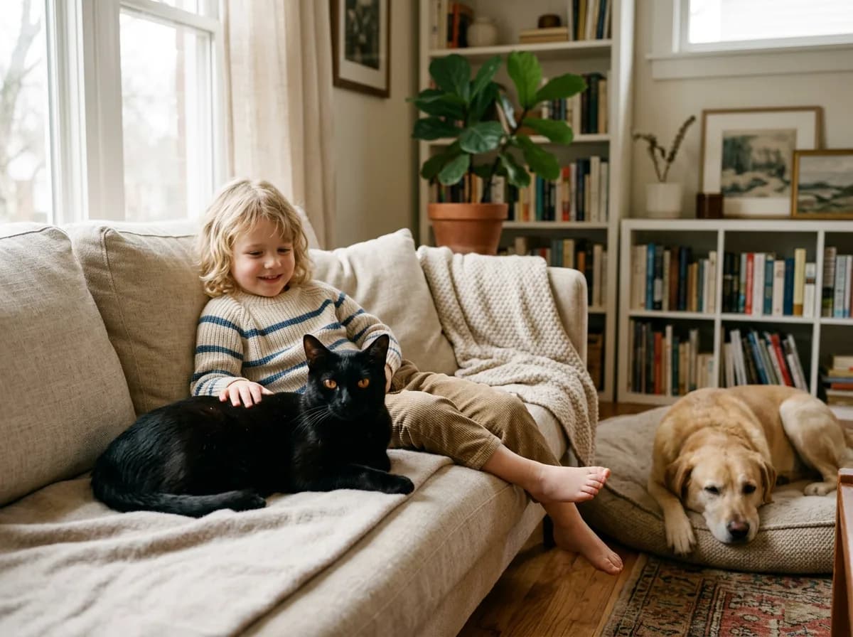 Black Bombay cat lounging calmly beside a gentle child and a relaxed dog at home
