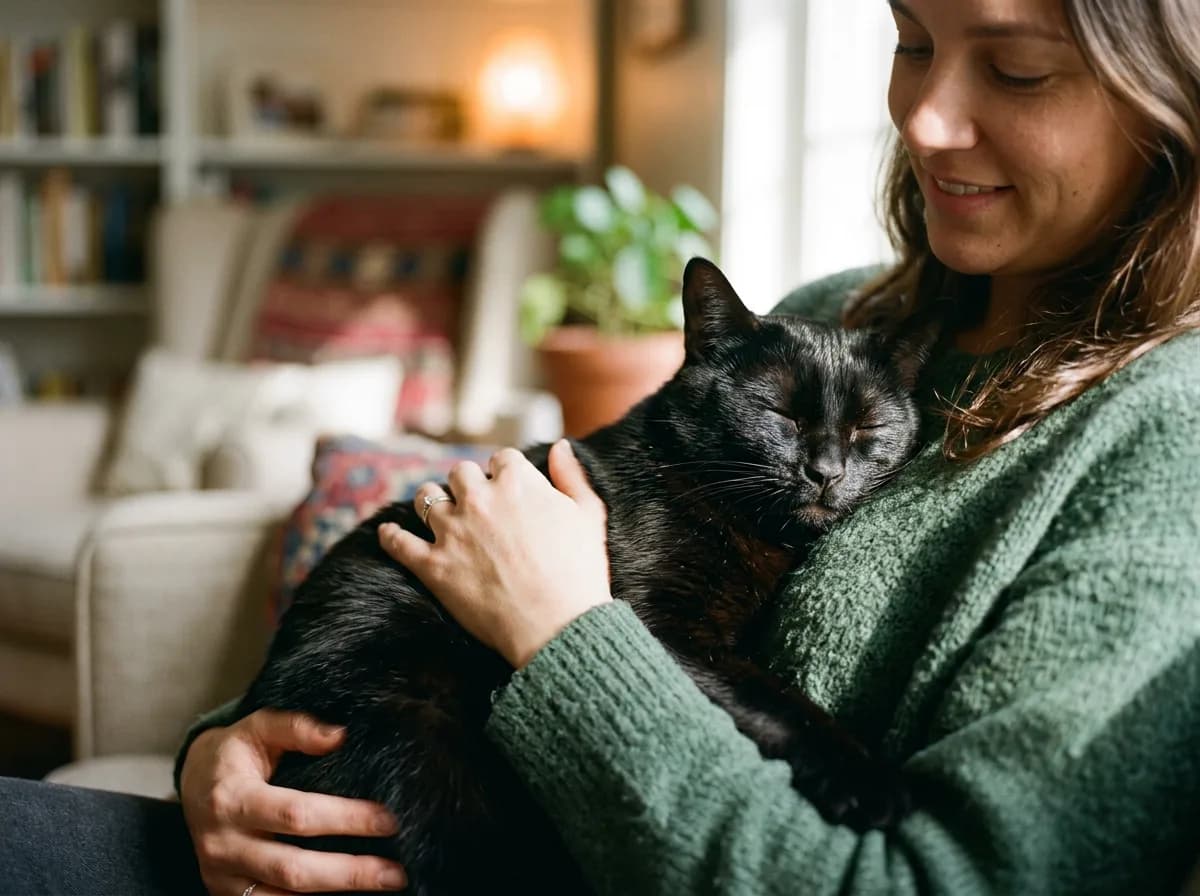 Black Bombay cat held against an owner's chest, relaxed and content