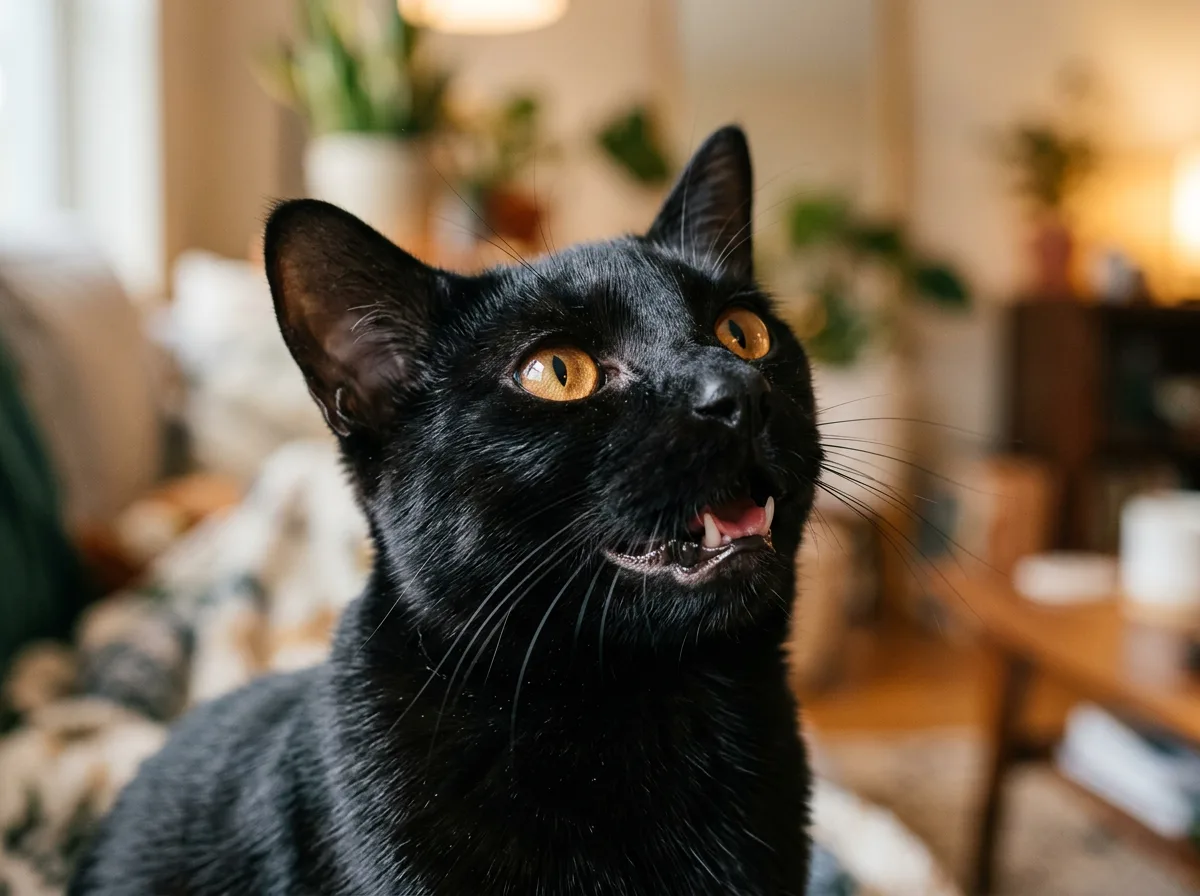 Close-up of a black Bombay cat mid-chirp with mouth slightly open, looking up