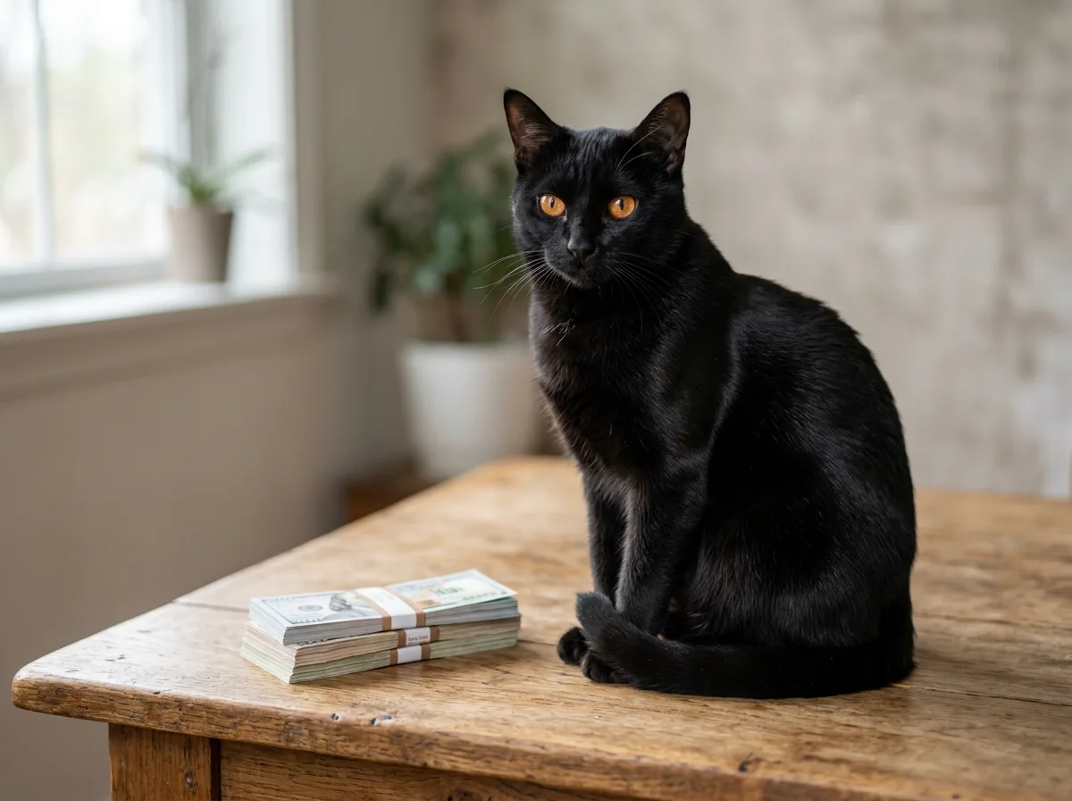 A black Bombay cat sitting next to a small stack of cash on a table.
