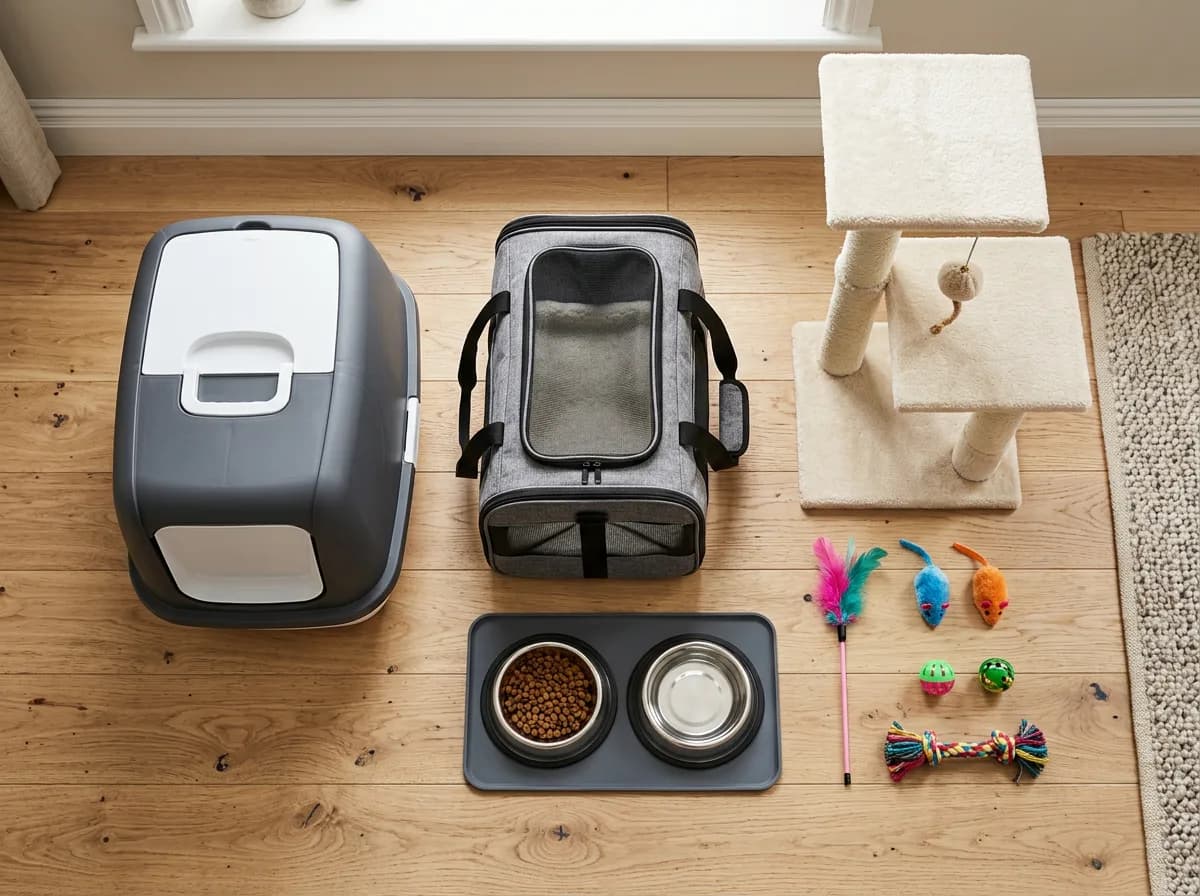 A neat flat-lay of first-year cat supplies including litter box, carrier, bowls, toys, and a small cat tree.