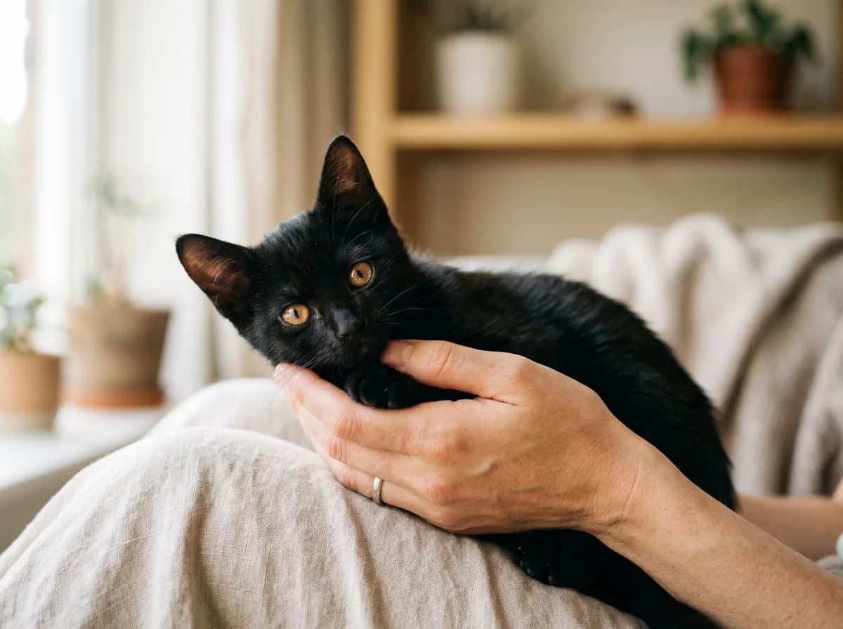 A black Bombay kitten with copper eyes held gently in two hands.