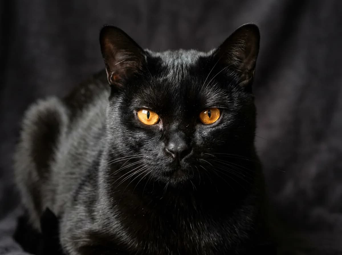 A close-up portrait of a black Bombay cat with intense copper eyes.