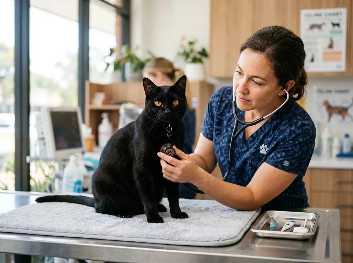 A veterinarian examining a black Bombay cat with a stethoscope on a clinic table.