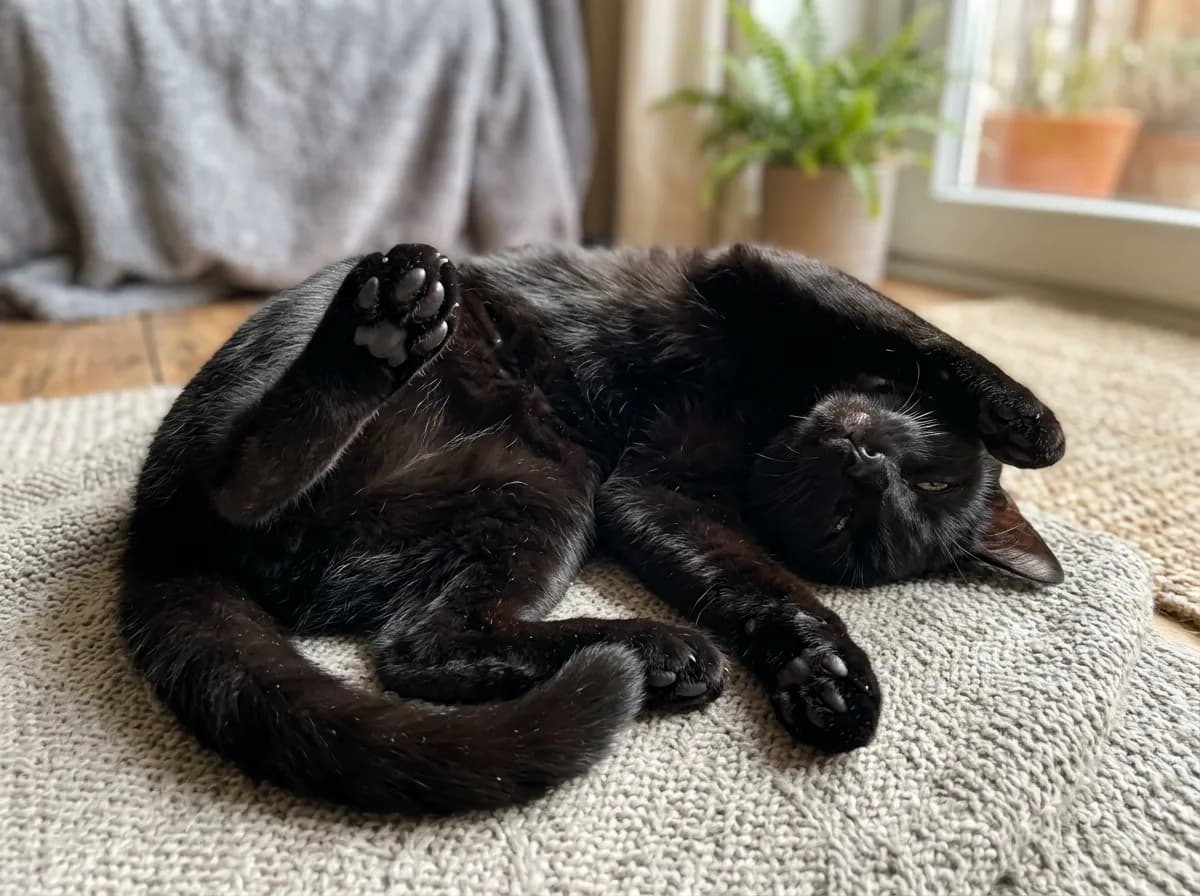 A black cat on its back lifting a paw to show a solid all-black paw pad.