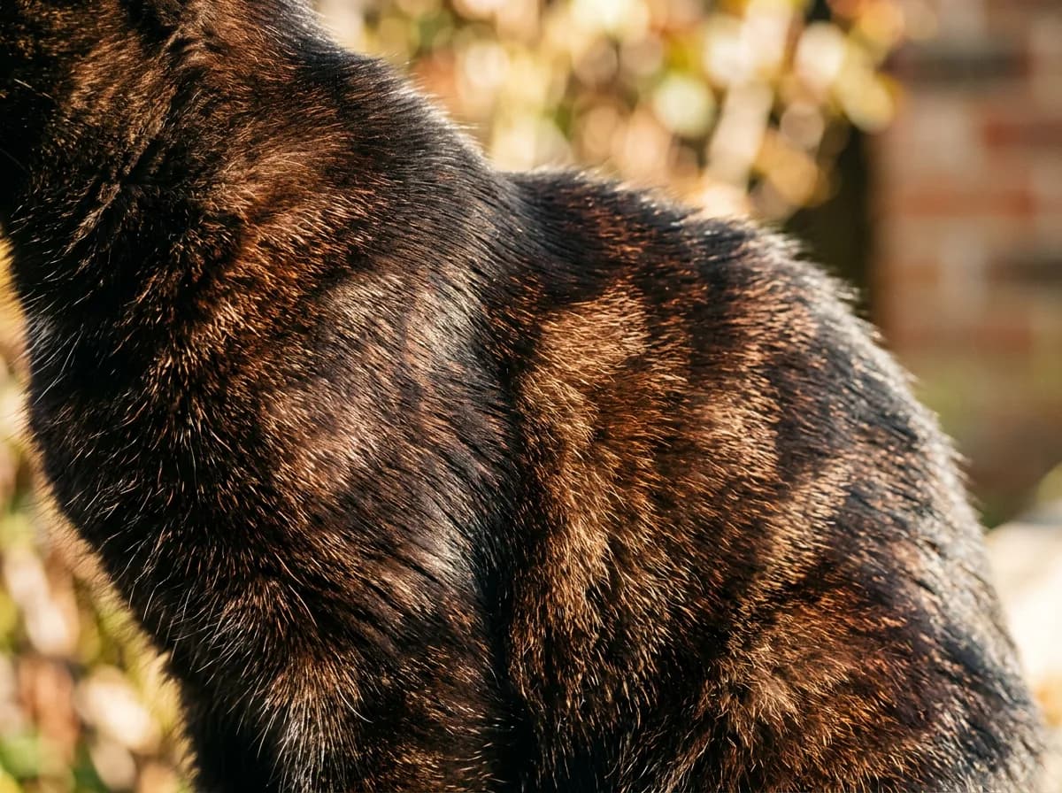 Macro of a black cat coat in sunlight showing reddish rusting and faint ghost tabby stripes.