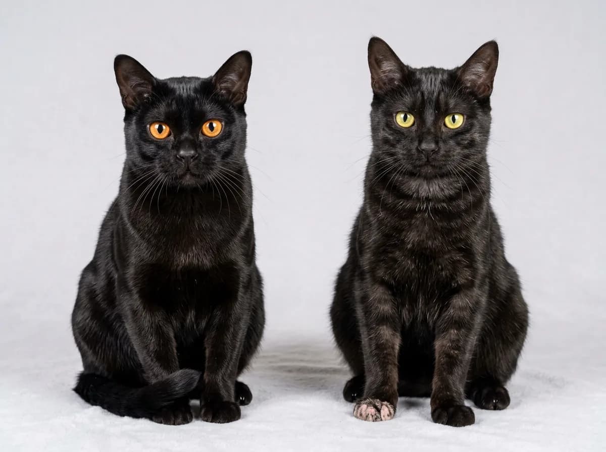 Side-by-side of a glossy copper-eyed Bombay cat and a black domestic shorthair with faint tabby ghost markings and yellow-green eyes.