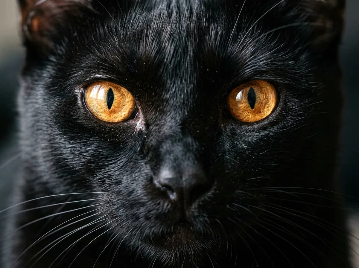 Extreme close-up of a Bombay cat's face with deep copper-gold eyes against jet-black fur.