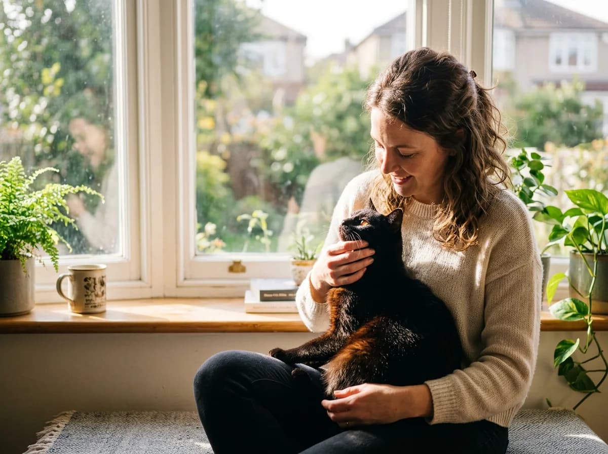 An owner gently examining their black cat's coat and eyes at a sunny window.