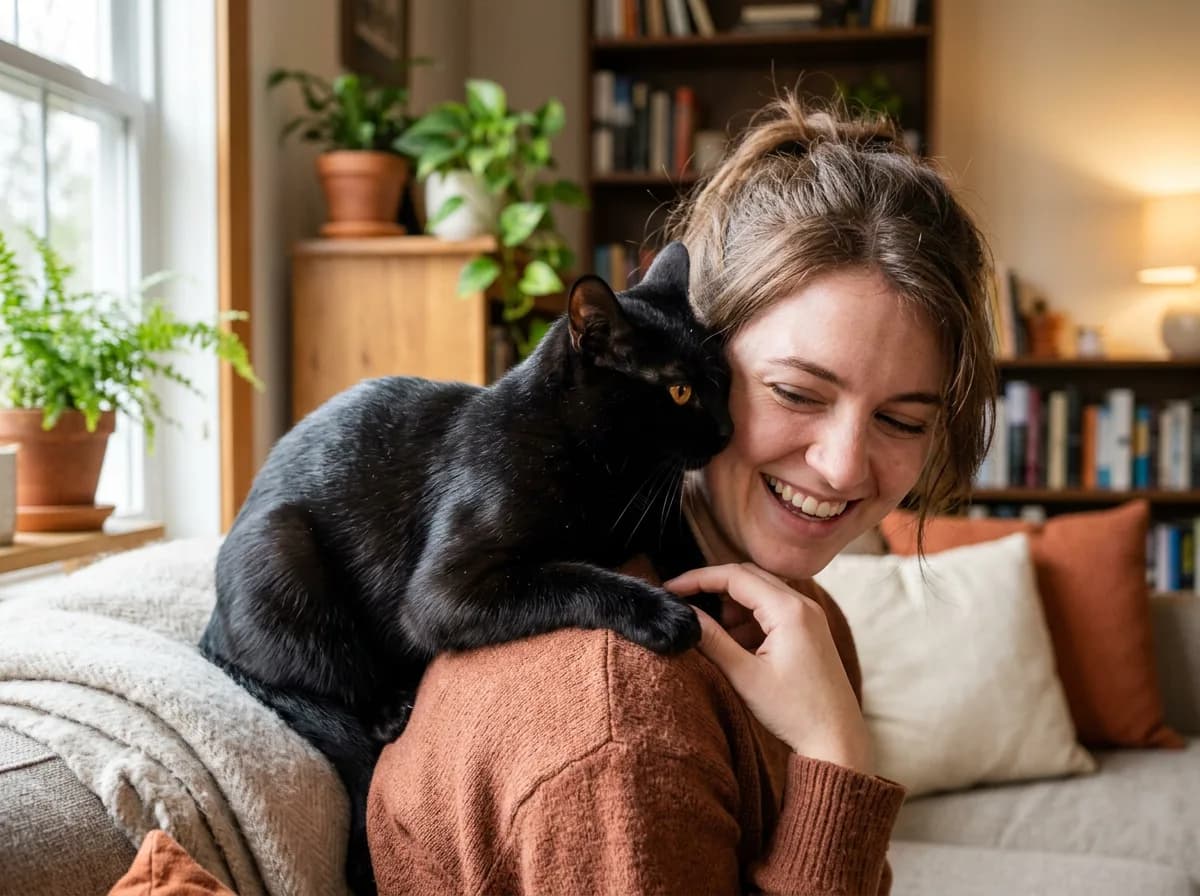 A glossy black Bombay cat with copper eyes perched affectionately on its owner's shoulder indoors.