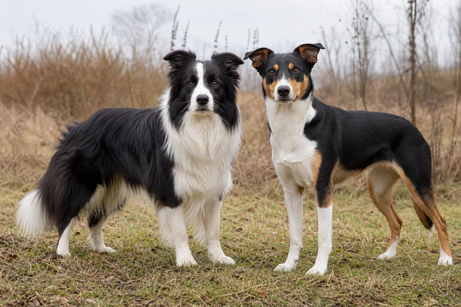 Rough-coated black-and-white and smooth-coated tricolor Border Collies standing outdoors
