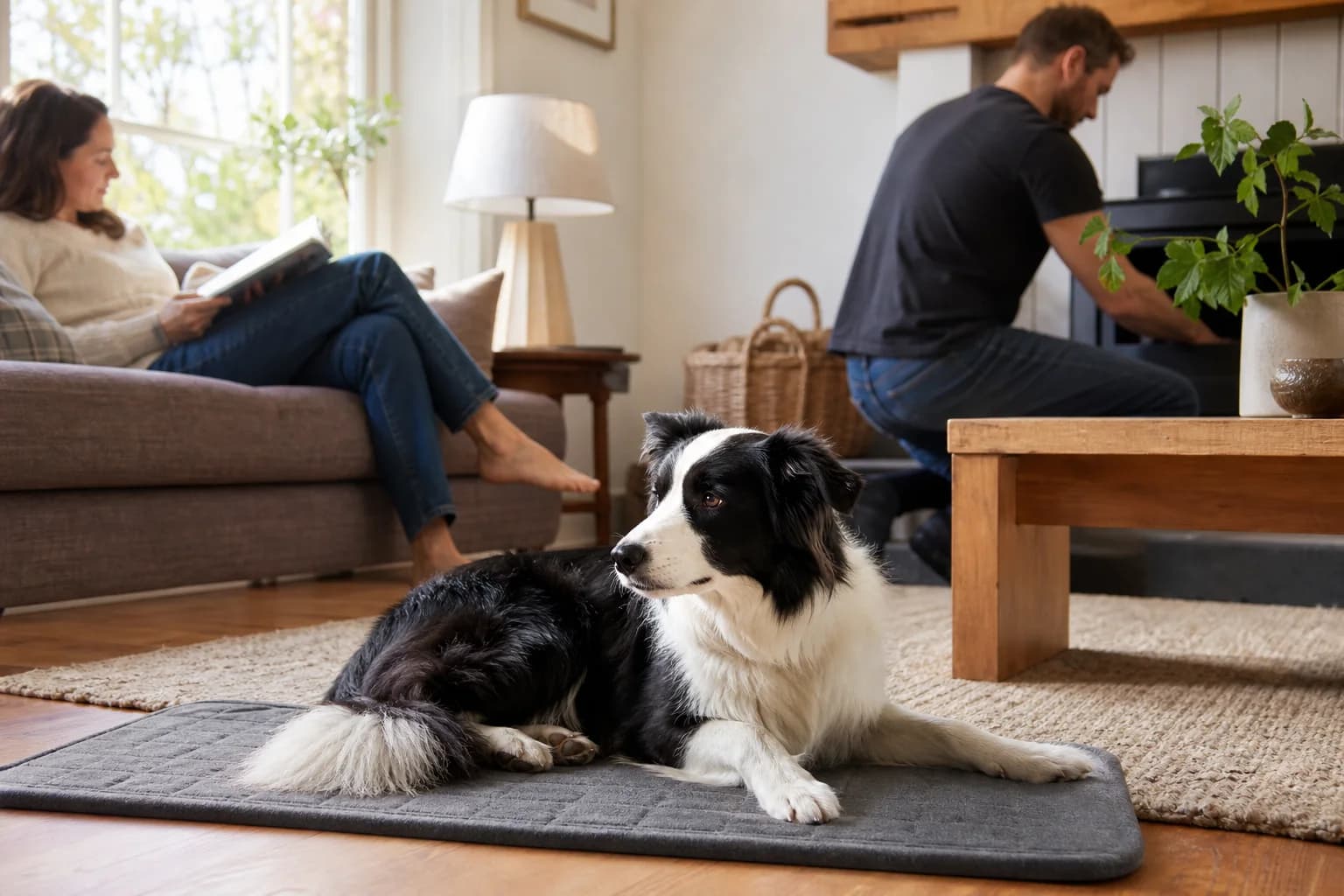 Black-and-white Border Collie resting on a mat while family activity continues nearby