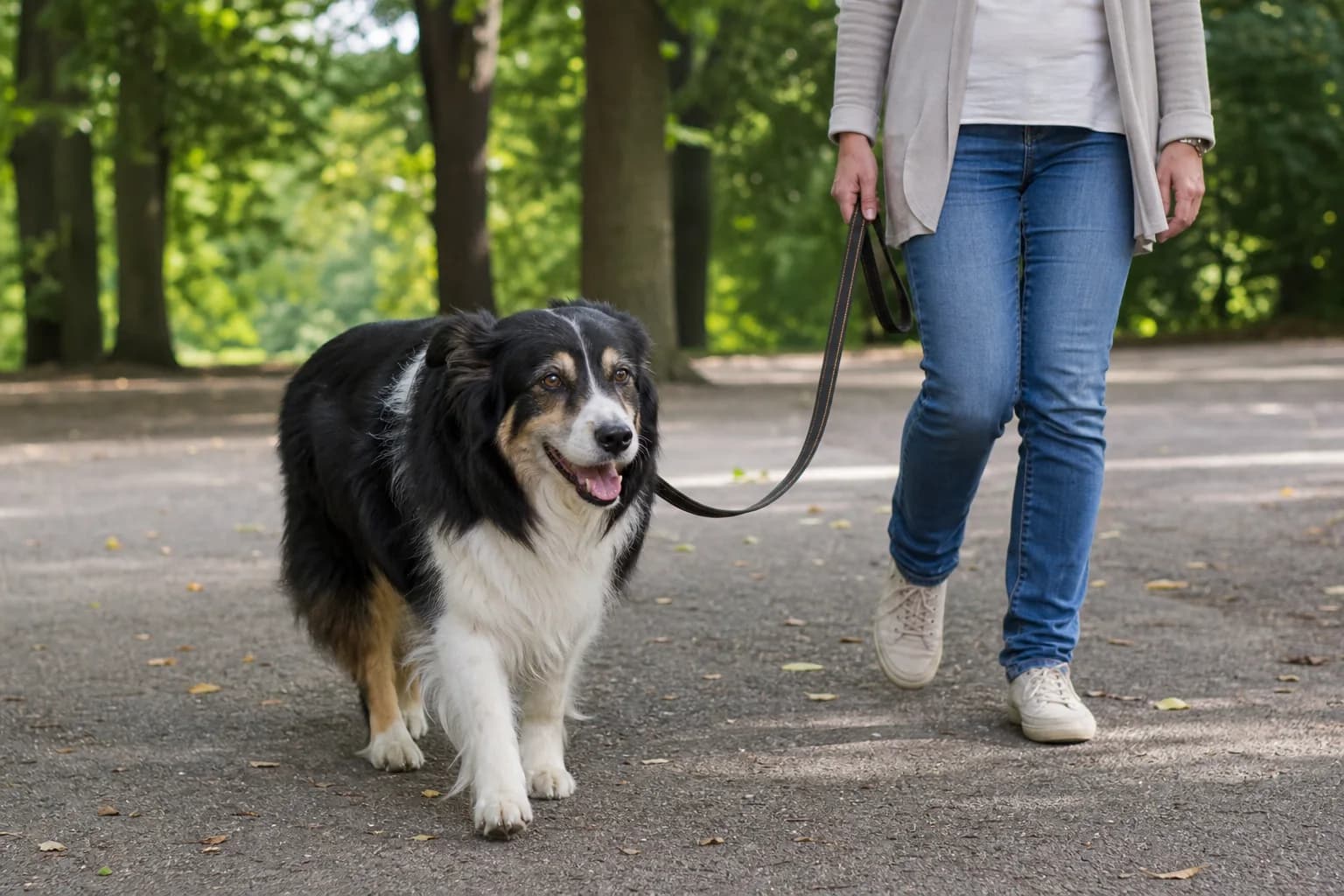 Fit senior Border Collie walking comfortably with its owner on level ground