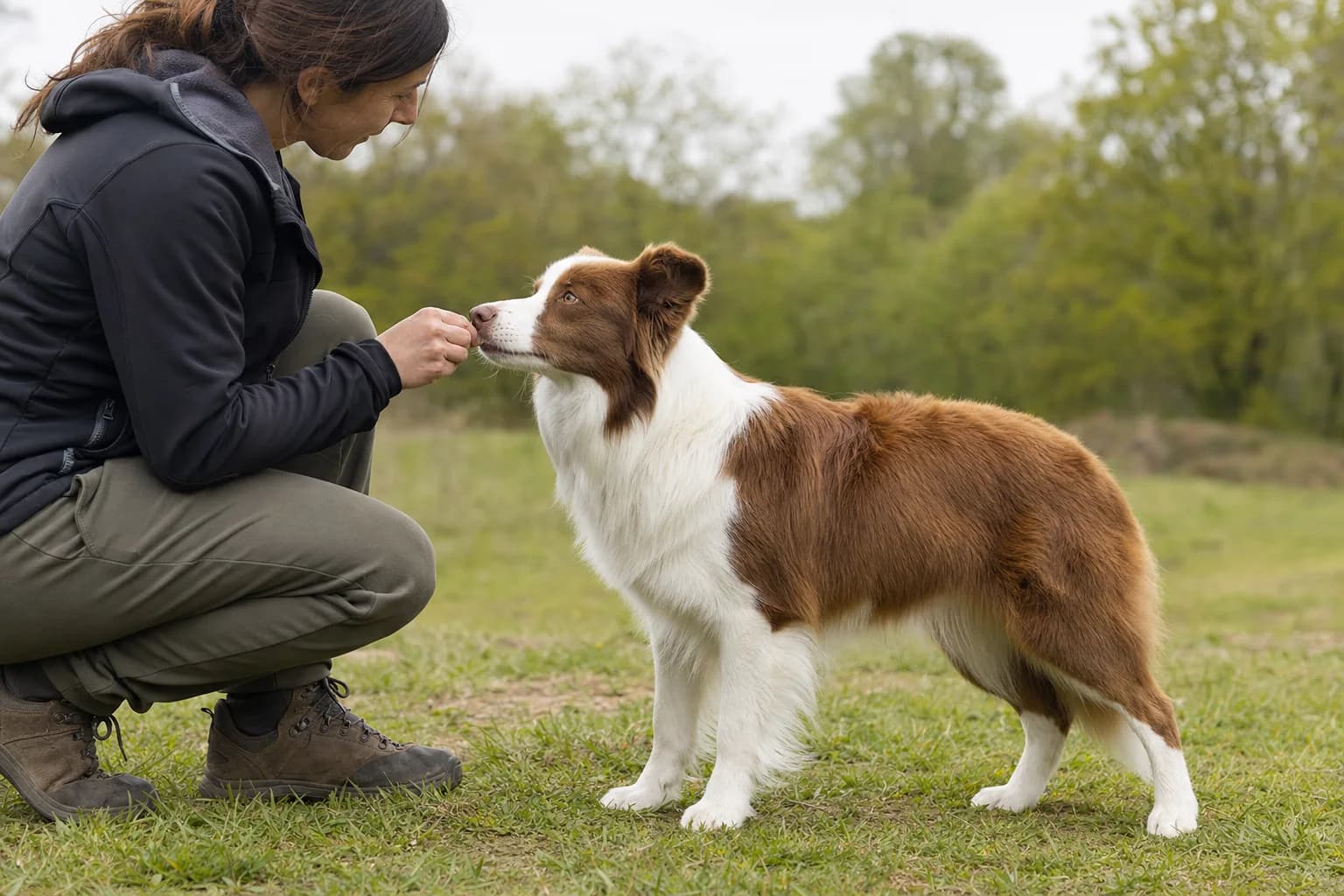 Handler rewarding a red-and-white Border Collie for calm eye contact in a quiet field