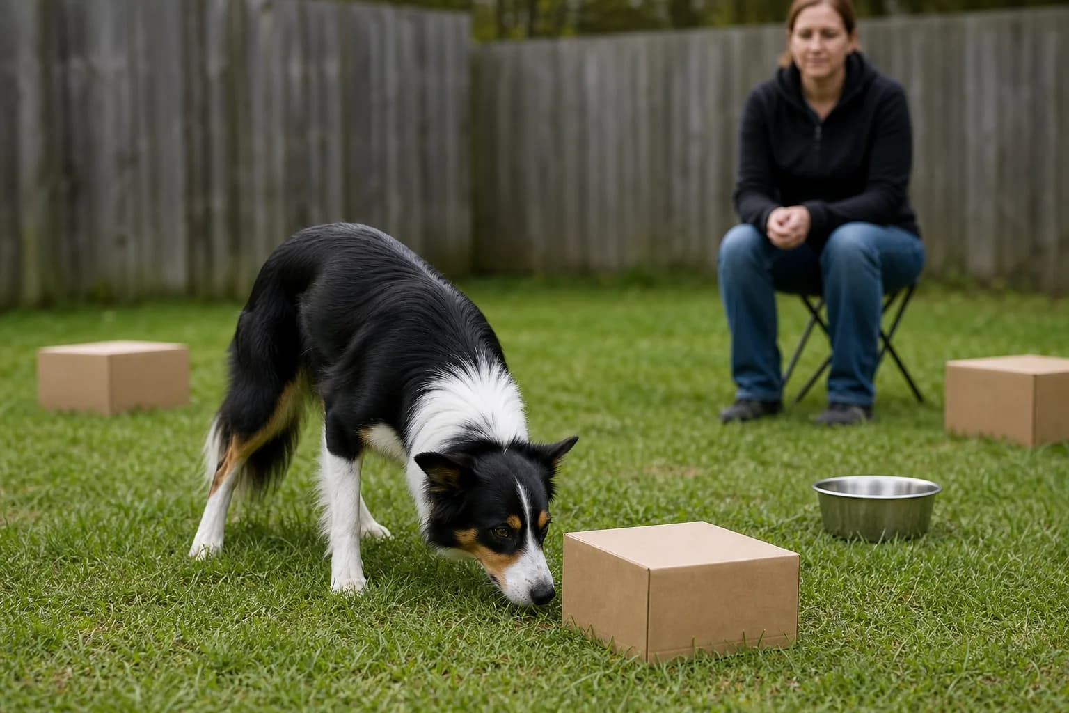 Tricolor Border Collie at a supervised box scent game with a water bowl nearby