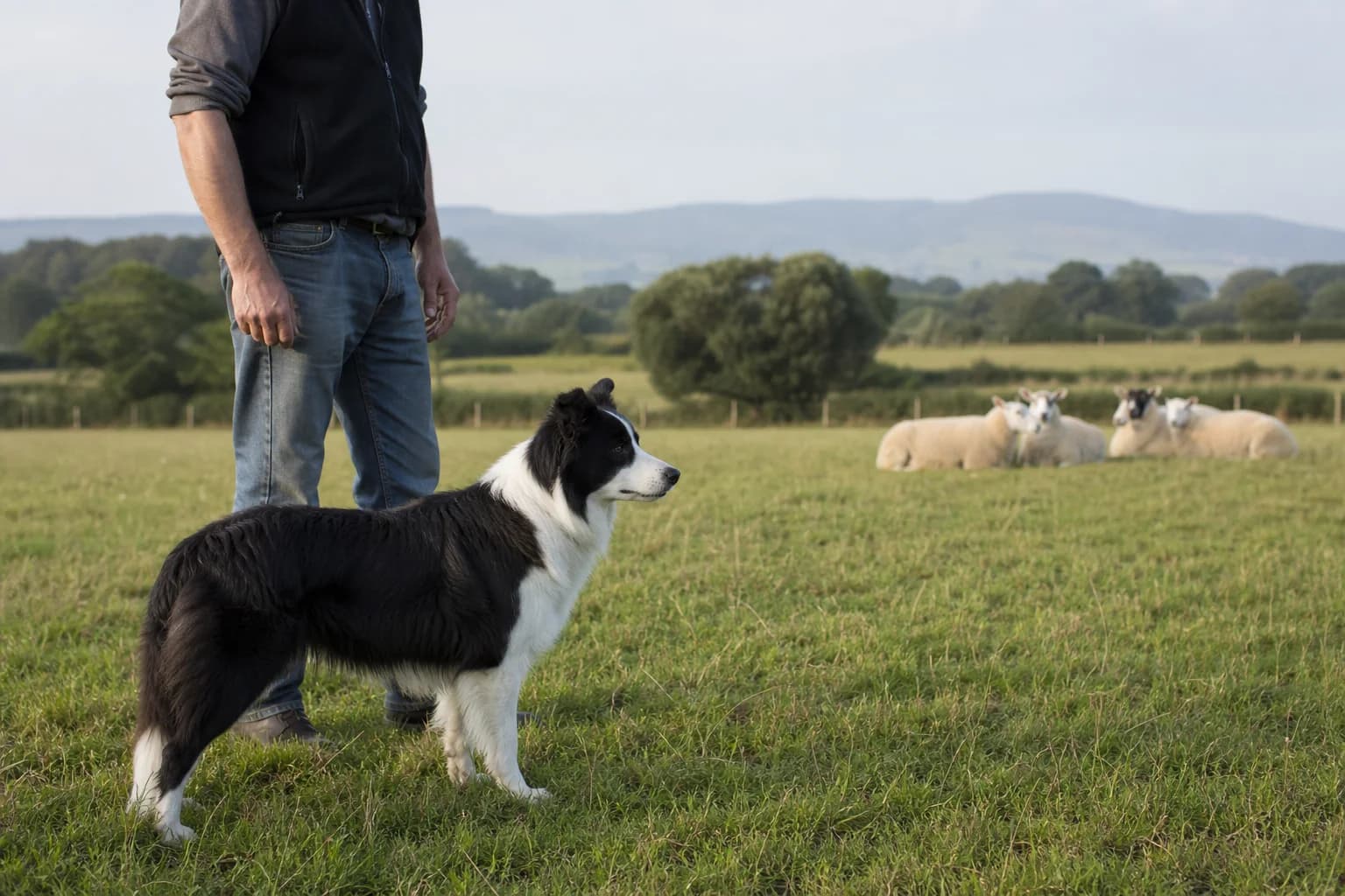 Black-and-white Border Collie pausing beside its handler and sheep in an open pasture