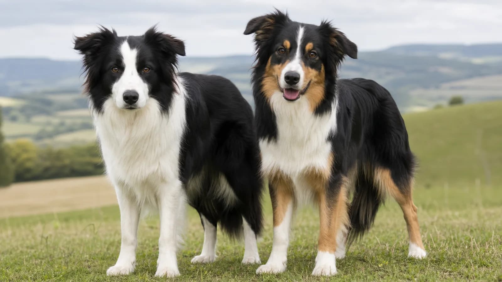 Black-and-white Border Collie standing beside a black tricolor Border Collie outdoors