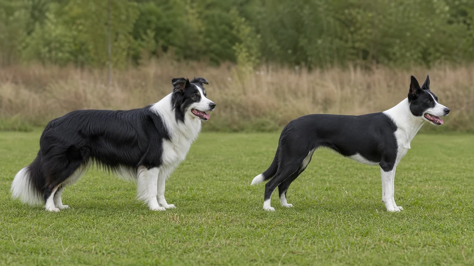 Rough-coated and smooth-coated black-and-white Border Collies shown in complete matching side profiles