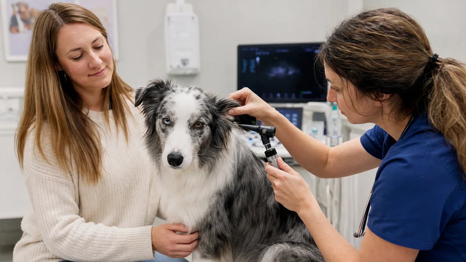 Merle Border Collie receiving a veterinary sensory examination with its owner present