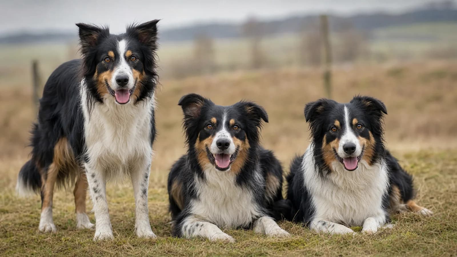 Three Border Collies showing representative white markings, tan points, and speckled coat detail