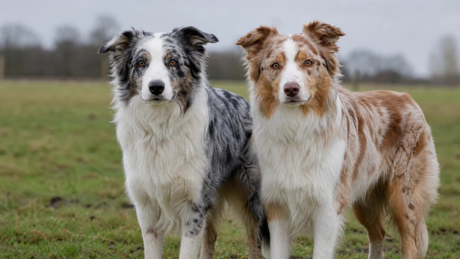 Blue merle and red merle Border Collies standing side by side outdoors