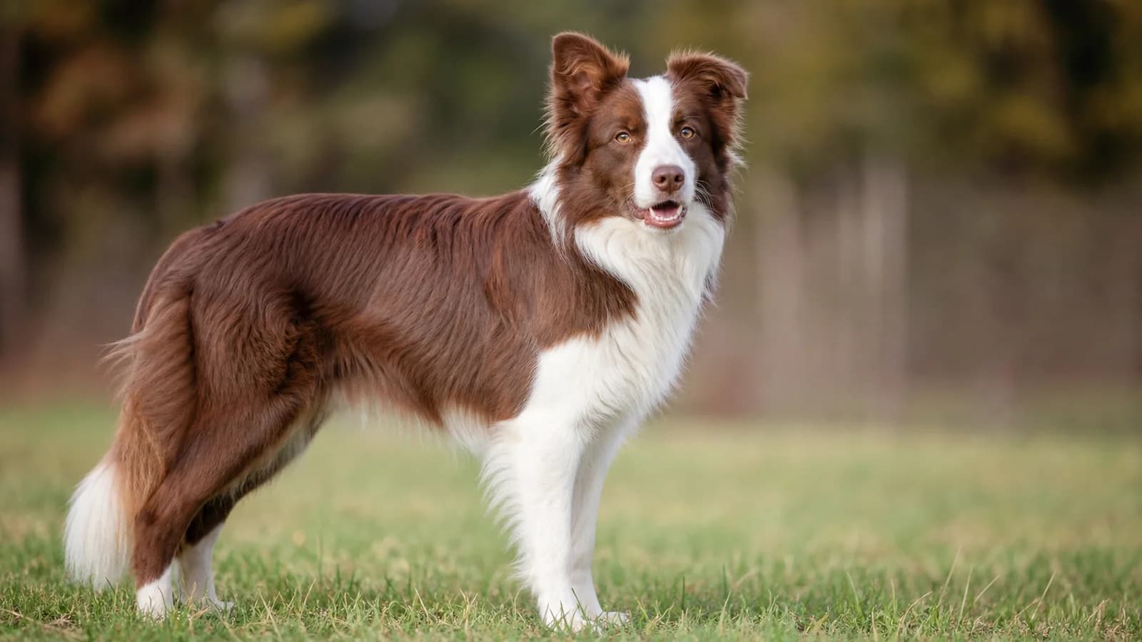 Red-and-white Border Collie with clearly visible liver-colored nose pigment standing outdoors