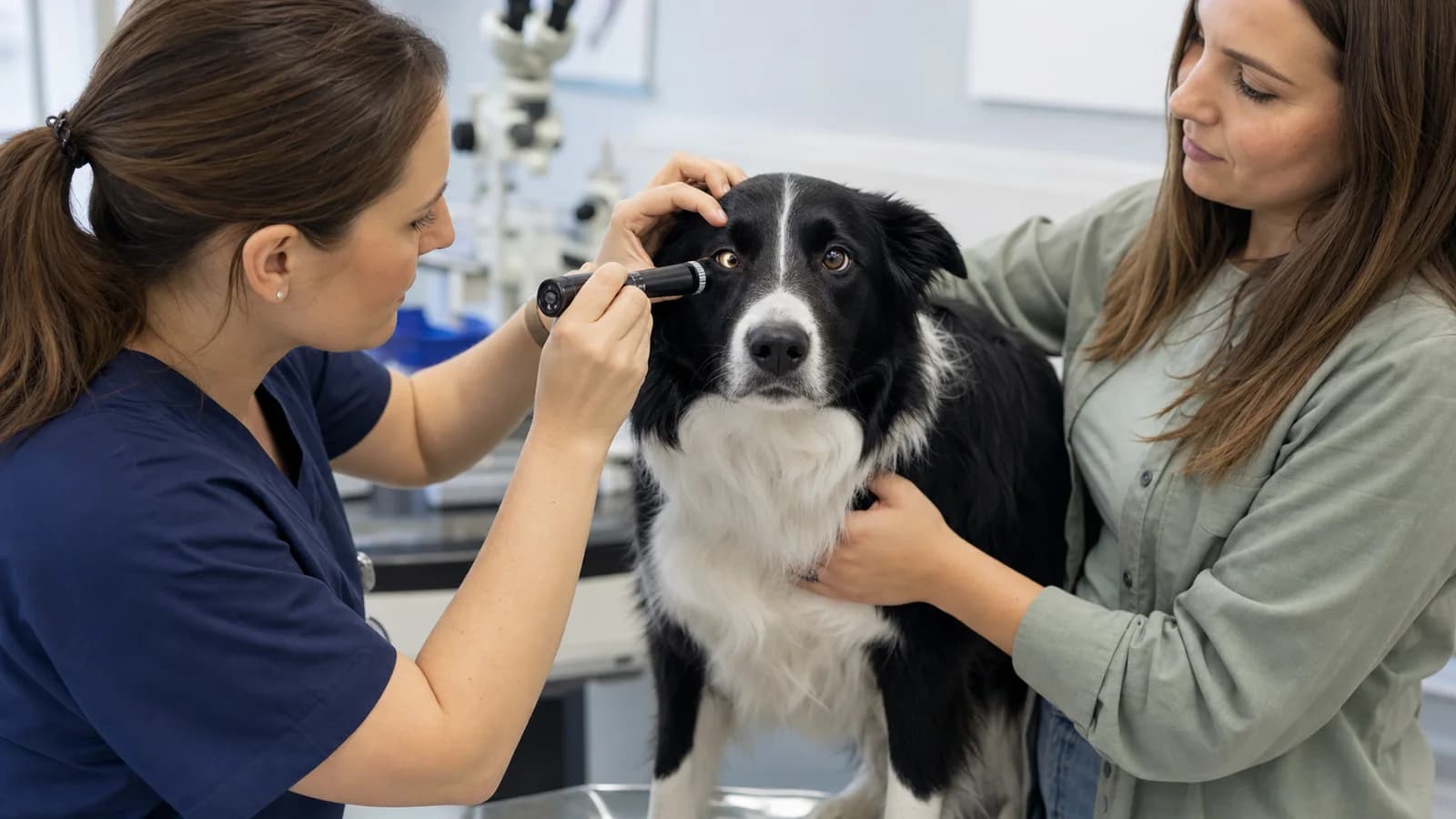 Veterinary professional using a handheld light to examine a calm Border Collie's eye
