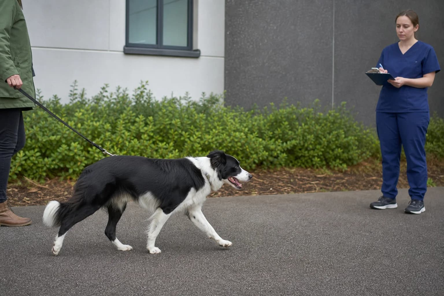 Border Collie walking in profile on level ground while its stride is observed