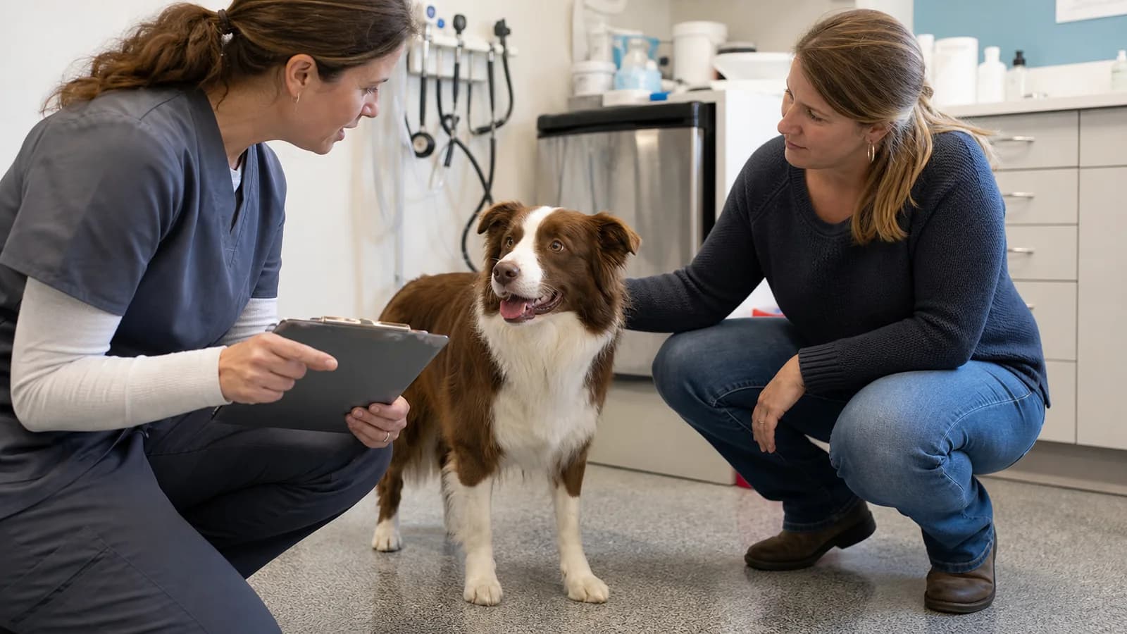 Veterinarian and owner reviewing a calm adult Border Collie's preventive-care baseline