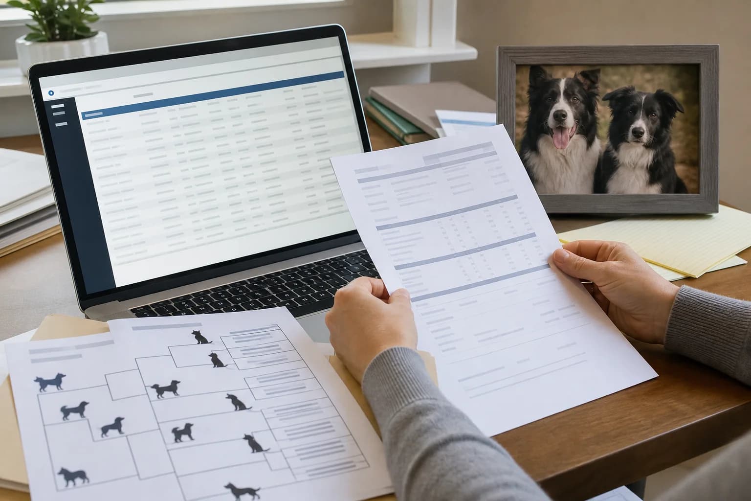 Health certificates and screening records being reviewed beside a Border Collie pedigree