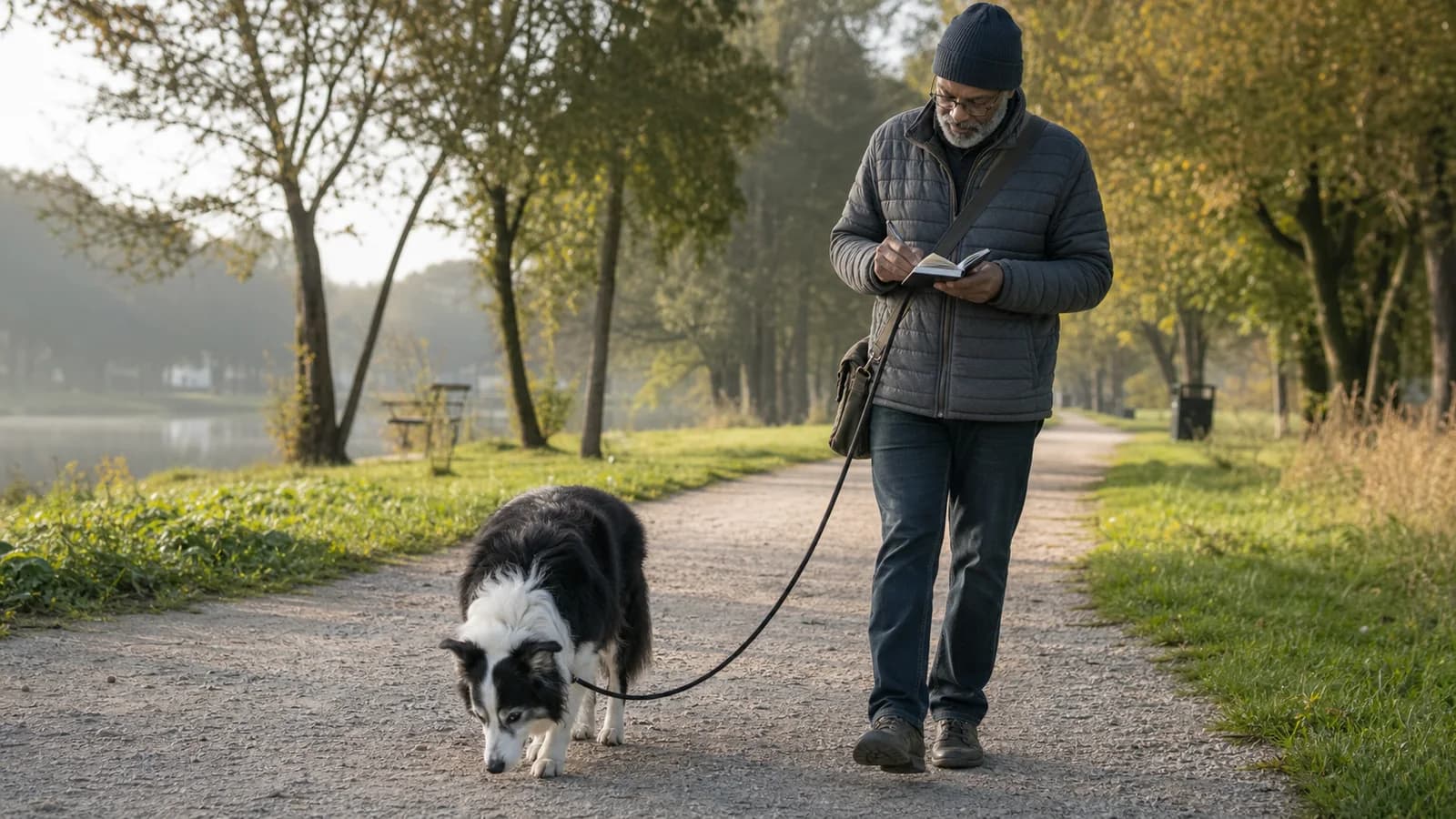 Senior Border Collie on a slow sniff walk while its owner records observations