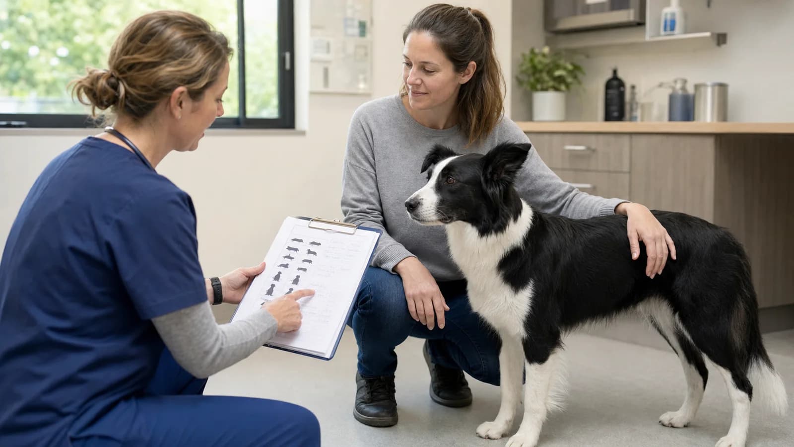 Owner sharing a recorded symptom timeline with an emergency veterinarian beside a calm Border Collie