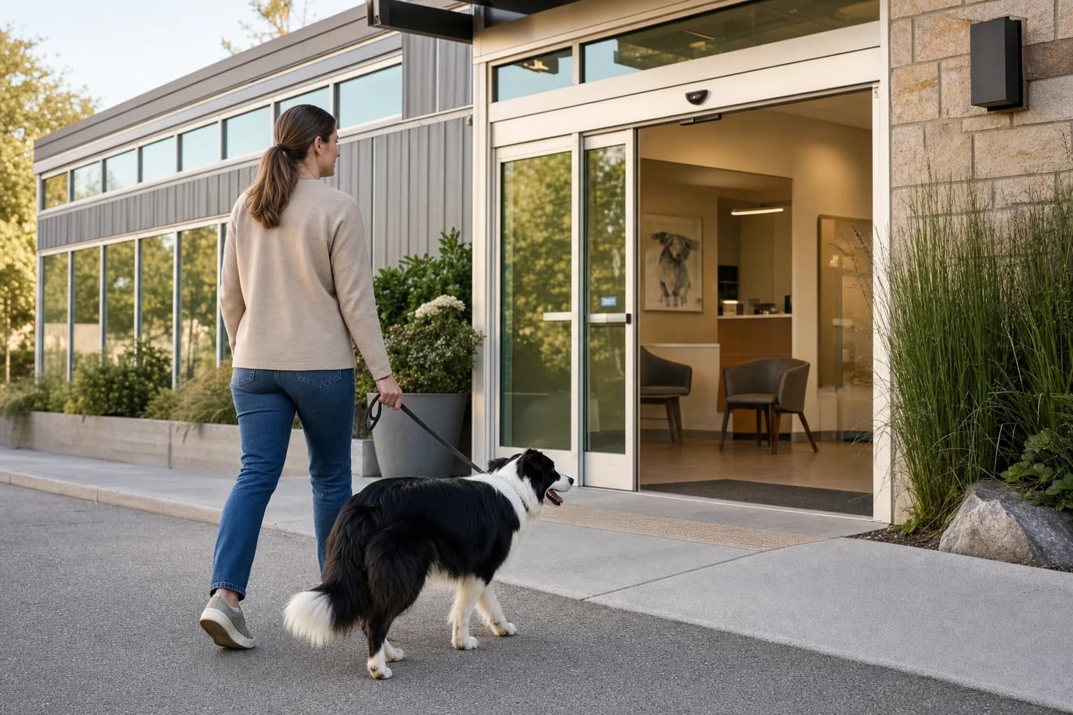 Adult Border Collie walking with its owner toward a veterinary clinic entrance