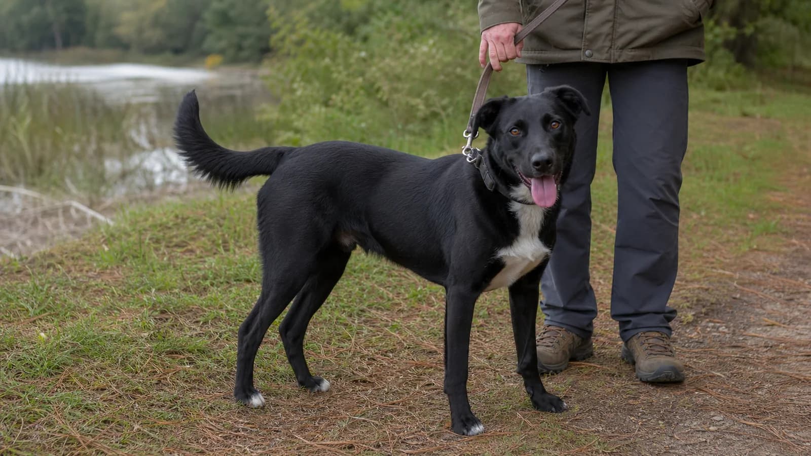 Representative black adult dog with a plausible Border Collie and Labrador mix appearance beside its handler