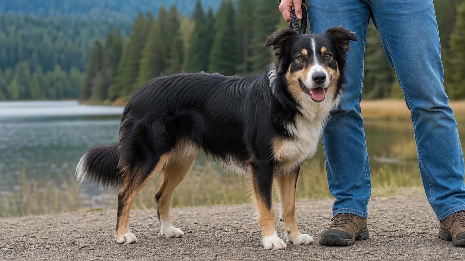 Representative black tricolor adult dog with a plausible Border Collie and Australian Shepherd mix appearance
