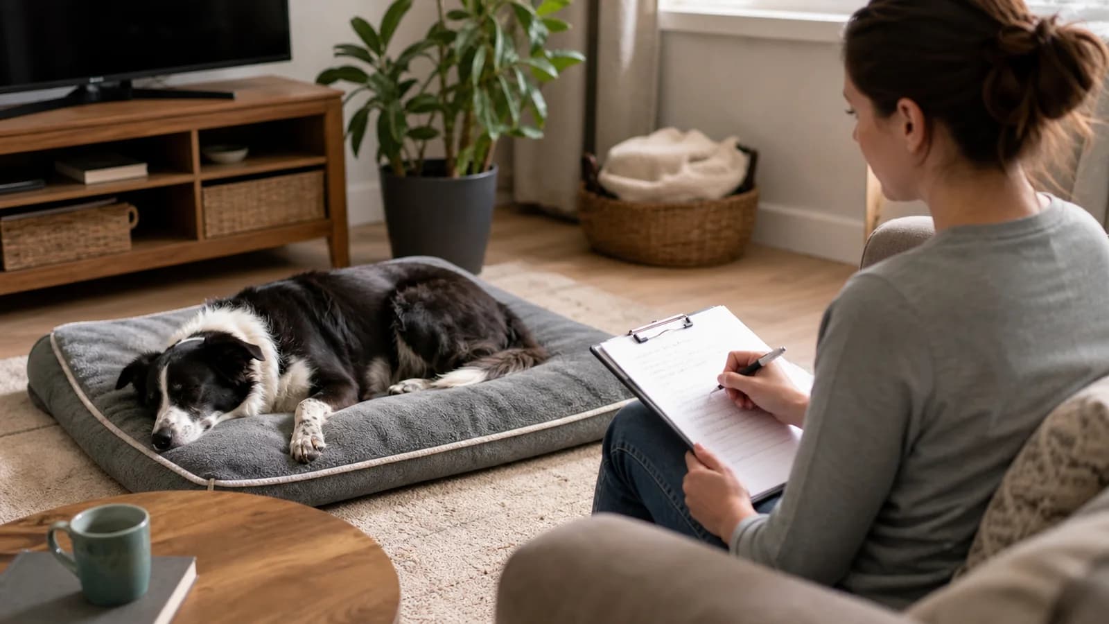 Foster caregiver recording an adult Border Collie mix candidate's calm settling behavior at home