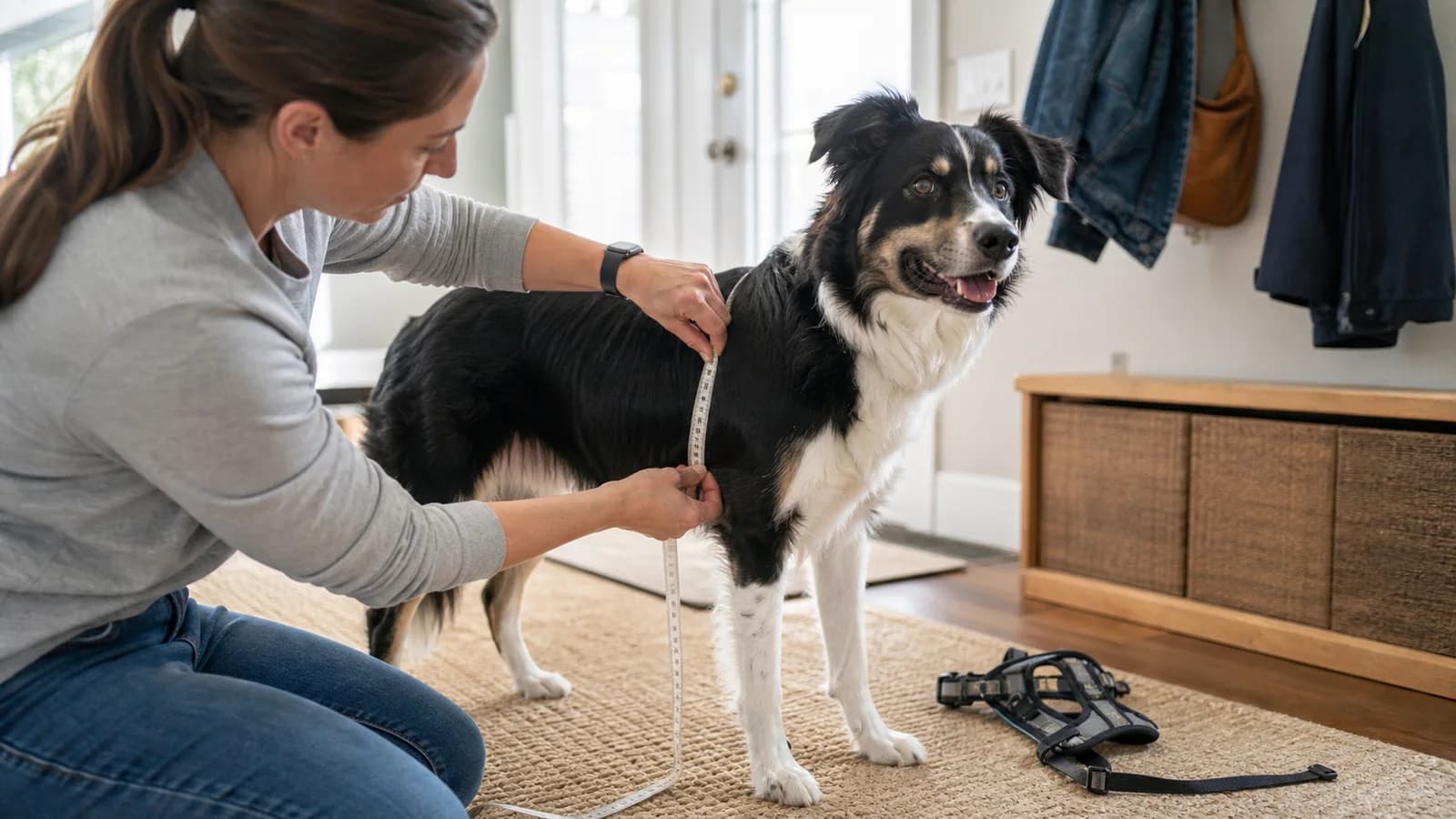 Handler measuring and observing an adult Border Collie mix candidate beside adjustable equipment