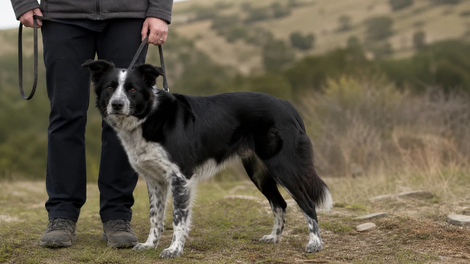 Representative black-and-white speckled adult dog with a plausible Border Collie and Australian Cattle Dog mix appearance