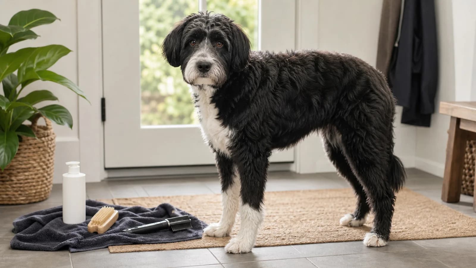 Representative black-and-white adult dog with a plausible Border Collie and Poodle mix appearance and wavy coat