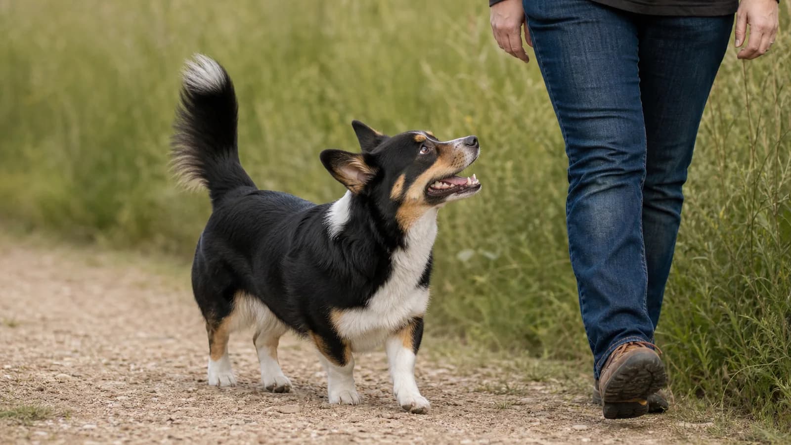 Representative short-legged black tricolor adult dog with a plausible Border Collie and Corgi mix appearance