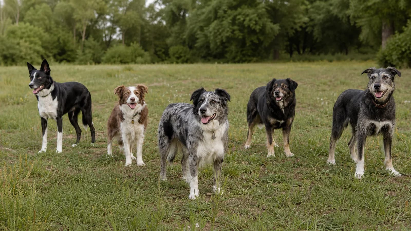 Five adult dogs with varied, representative Border Collie mix appearances standing apart outdoors