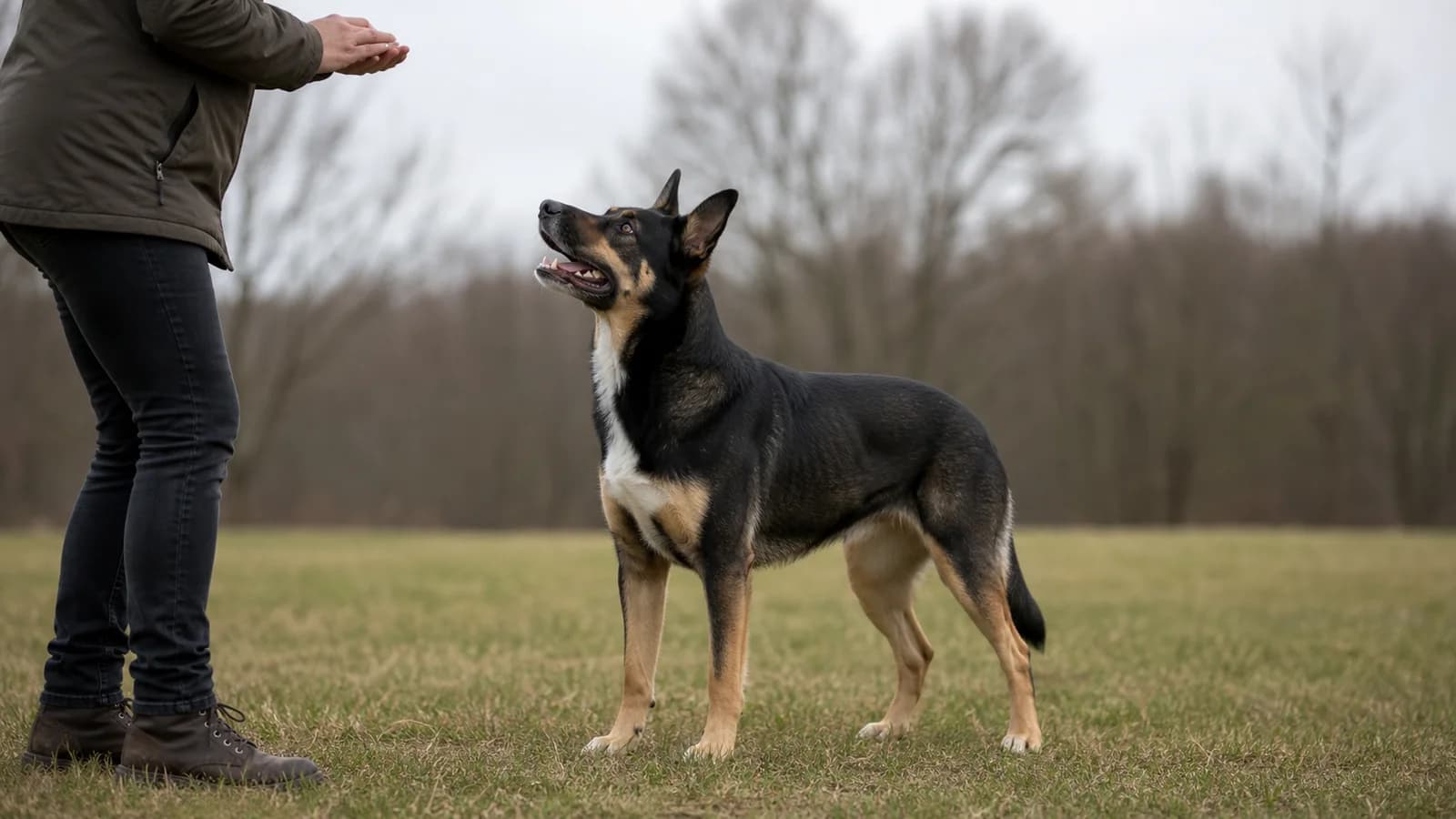 Representative black-and-tan adult dog with a plausible Border Collie and German Shepherd mix appearance in training