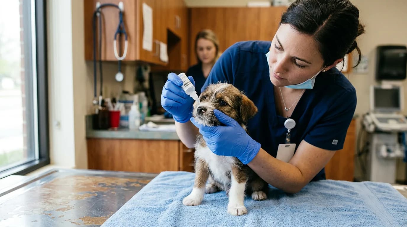 a small puppy receiving intranasal Bordetella nose-drops from a veterinarian's gloved hands at an exam table