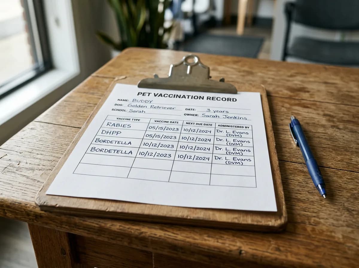 a printed dog vaccination record card on a clipboard showing a Bordetella entry with dates, next to a pen