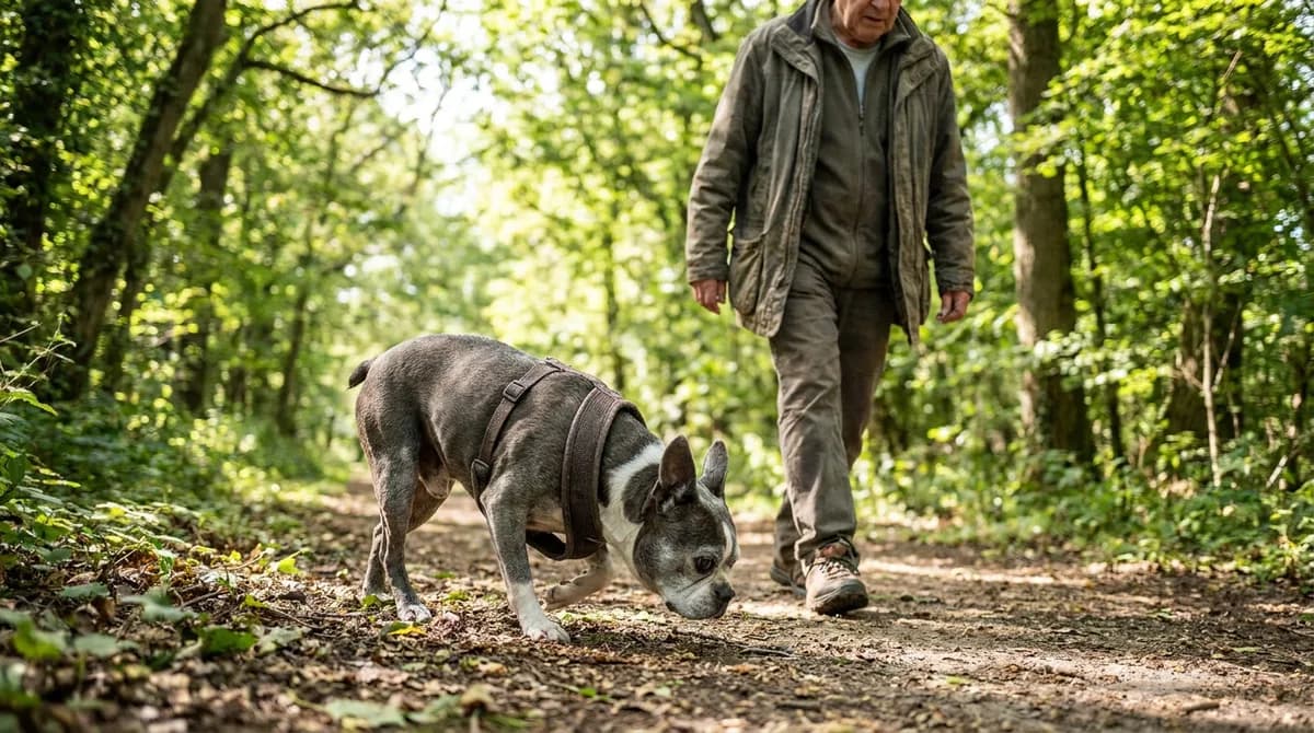 Gray-muzzled Boston Terrier in a harness sniffing a woodland path beside an adult.
