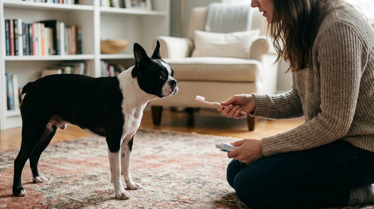 An adult introducing a pet toothbrush to a Boston Terrier standing nearby.