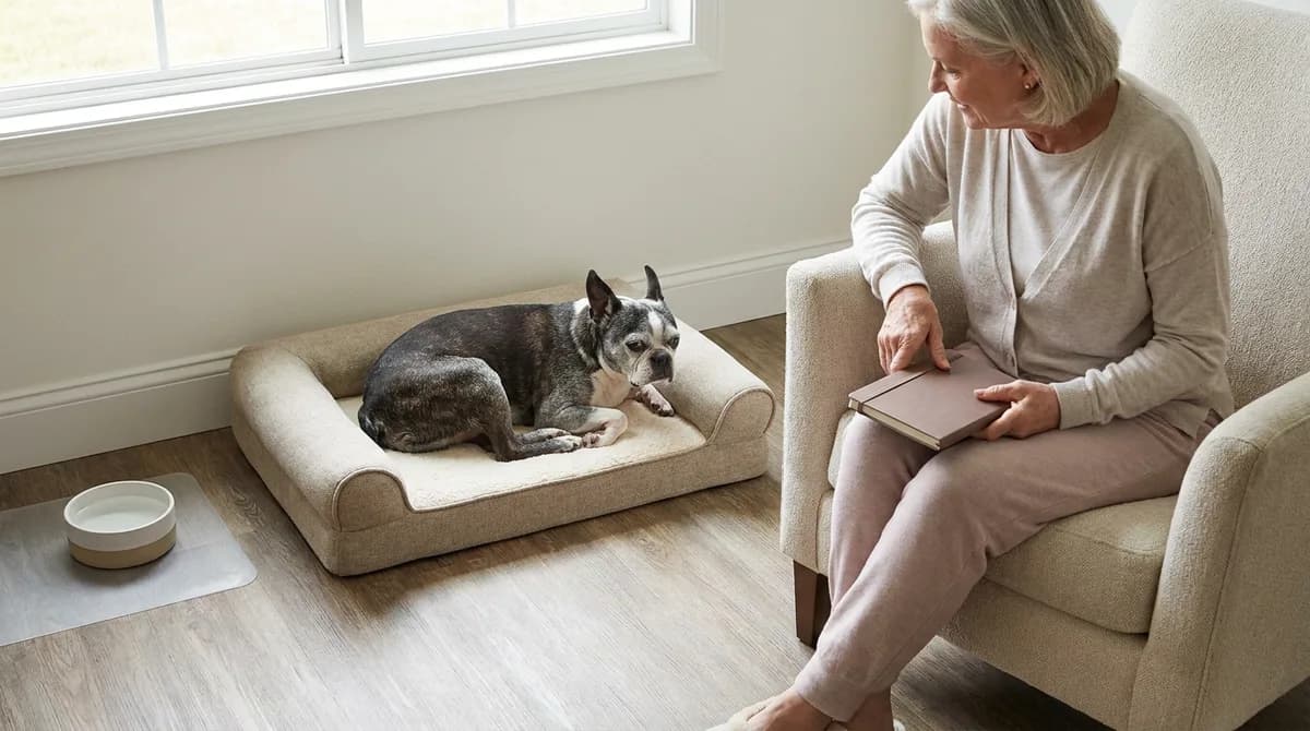 Older Boston Terrier resting on a low bed beside an adult and a water bowl on a mat.