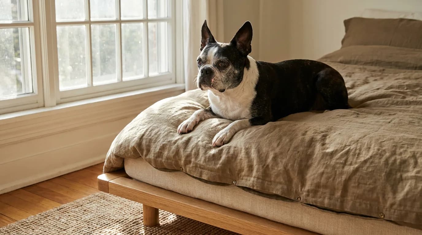 Gray-muzzled Boston Terrier resting on a dog bed beside a window.