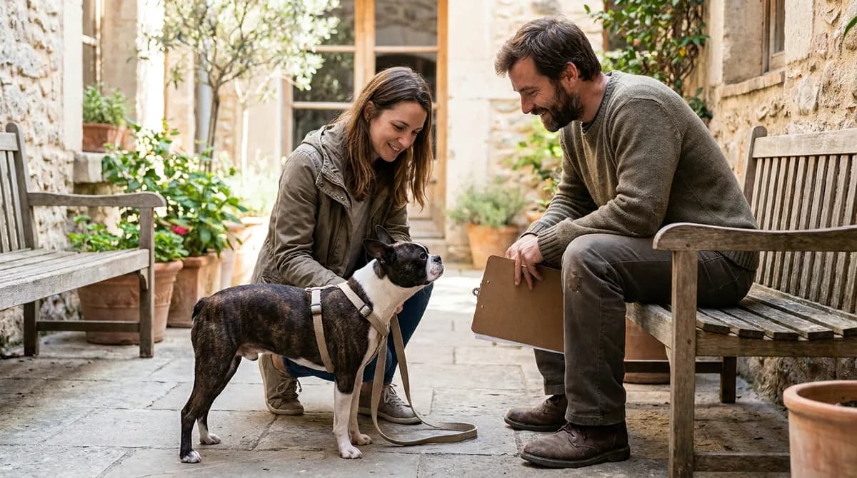 Boston Terrier in a garden beside two adults, one holding a plain folder.