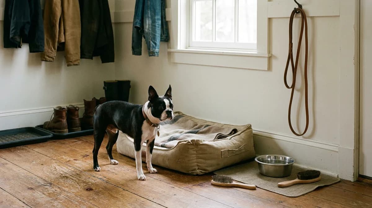 Boston Terrier standing beside a dog bed, water bowl, brush, and leash in an entryway.
